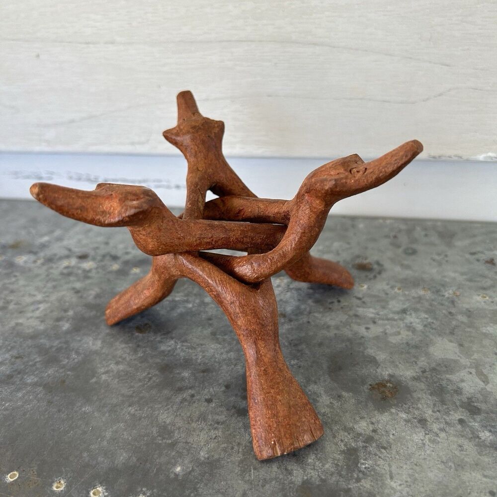 Vintage MCM Hand Carved Wood Animal Display Collapsible Tripod Bowl Plant Stand